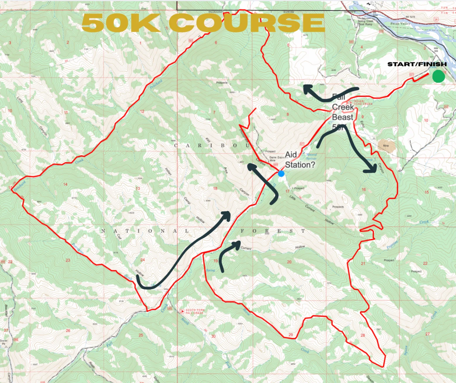 Topographic map of the Fall Creek Beast 50K course