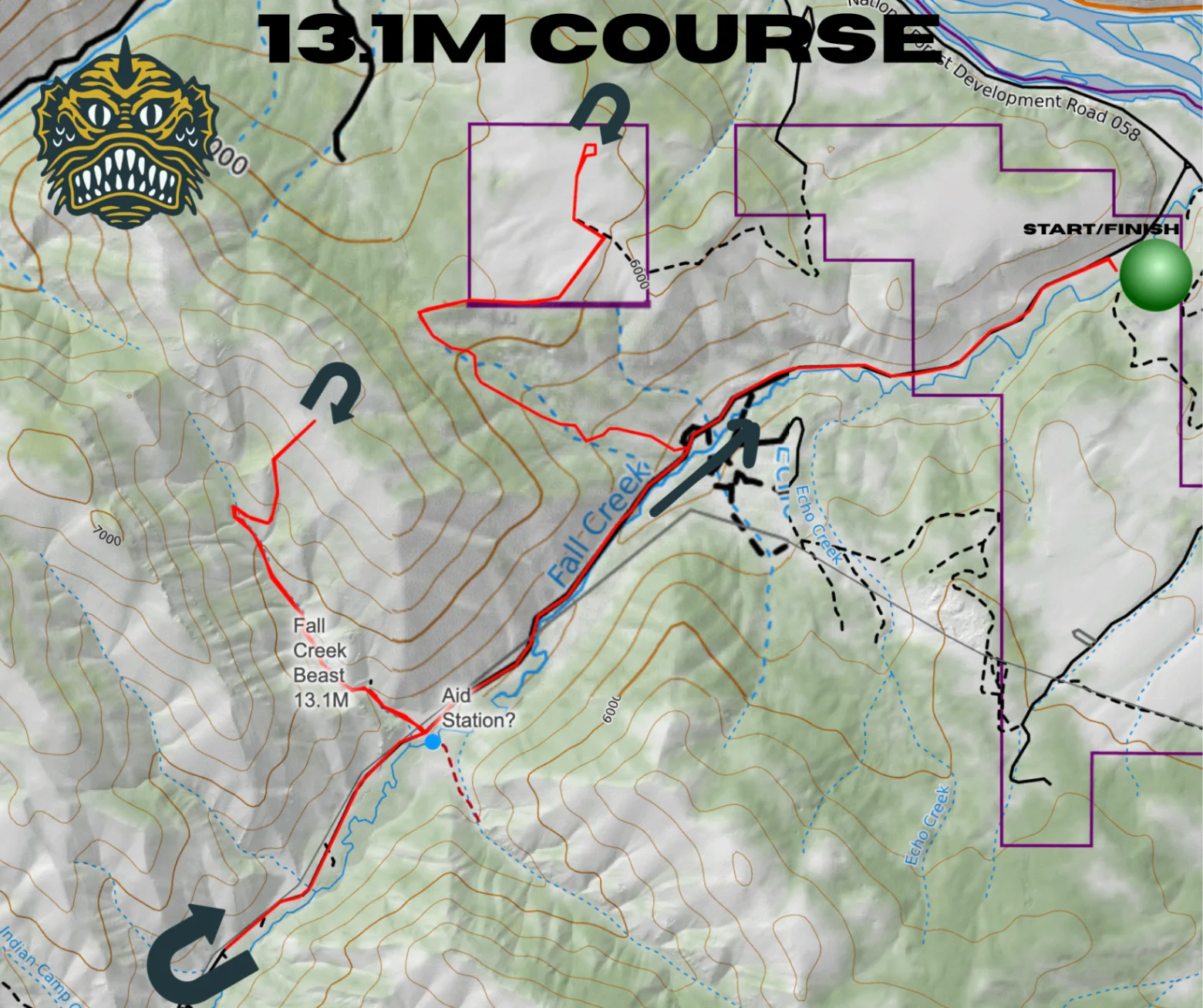 Topographic map of the Fall Creek Beast 13.1 mile course